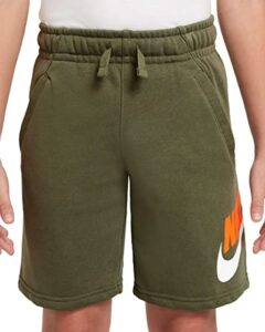 nike sportswear club + hbr fleece shorts (big kids) (medium, medium olive/total orange/white)