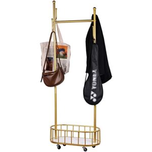 gold metal garment rack with lockable wheels and bottom storage basket, ideal for home and commercial use in hallway, bedroom, living room, balcony, office, and shop (gold)