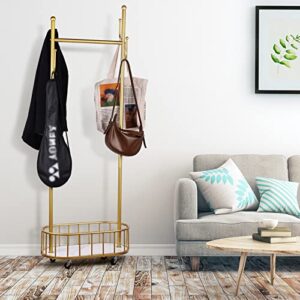 Gold Metal Garment Rack with Lockable Wheels and Bottom Storage Basket, Ideal for Home and Commercial Use in Hallway, Bedroom, Living Room, Balcony, Office, and Shop (Gold)