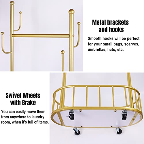 Gold Metal Garment Rack with Lockable Wheels and Bottom Storage Basket, Ideal for Home and Commercial Use in Hallway, Bedroom, Living Room, Balcony, Office, and Shop (Gold)