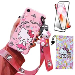 ealievor compatible with iphone xr case with screen protector, cartoon cute funny kawaii cat kitty animal character phone case silicone lanyard 3d cover case for kids girls and womens