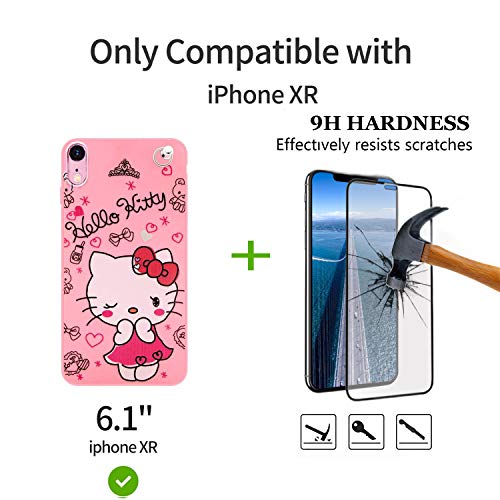 Ealievor Compatible with iPhone XR Case with Screen Protector, Cartoon Cute Funny Kawaii Cat Kitty Animal Character Phone Case Silicone Lanyard 3D Cover Case for Kids Girls and Womens