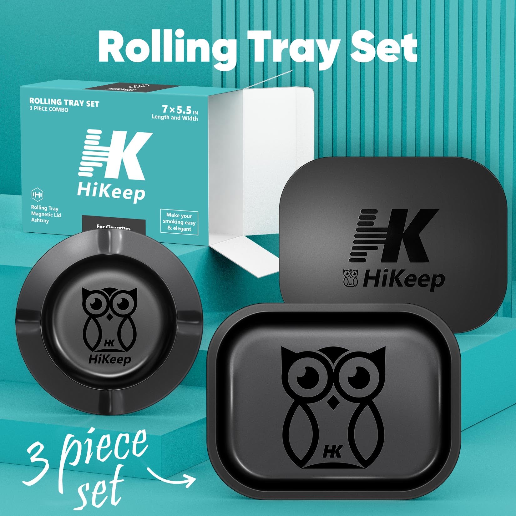 HiKeep Rolling Tray Set of 3, Matte Metal Rolling Tray with PVC Soft Magnetic Lid - 7 x 5.5, Ashtray - 5.8" (Owl Design)