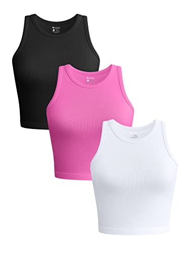 OQQ Women's 3 Piece Tank Shirt Ribbed Seamless Yoga Workout Exercise Racerback Crop, Black Rose White, Small