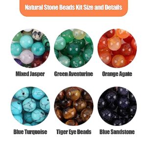 235 pcs Natural Round Stone Beads for Jewelry Making Kit Mixed Genuine Gemstone Beads Smooth Loose Beads Bulk Beading for DIY Bracelet Necklace Earrings, Turquoise, Agate, Tiger Eye, Aventurine(8 mm)