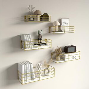 CRUGLA Gold Floating Shelves Wall Mounted Set of 5, Hanging Storage Floating Shelf for Bathroom, Kitchen, Bedroom, Living Room