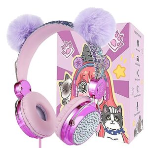 charlxee kids pom headphones with mic for travel/car/plane,added 85db limit function&shareport,unicorns gifts for girls,on/over ear hd stereo wired headsets with nylon cable-hot-purple
