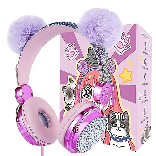 charlxee Kids Pom Headphones with Mic for Travel/Car/Plane,Added 85DB Limit Function&Shareport,Unicorns Gifts for Girls,On/Over Ear HD Stereo Wired Headsets with Nylon Cable-Hot-Purple