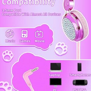 charlxee Kids Pom Headphones with Mic for Travel/Car/Plane,Added 85DB Limit Function&Shareport,Unicorns Gifts for Girls,On/Over Ear HD Stereo Wired Headsets with Nylon Cable-Hot-Purple