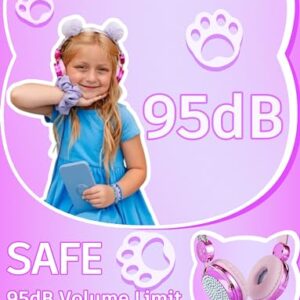 charlxee Kids Pom Headphones with Mic for Travel/Car/Plane,Added 85DB Limit Function&Shareport,Unicorns Gifts for Girls,On/Over Ear HD Stereo Wired Headsets with Nylon Cable-Hot-Purple