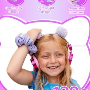 charlxee Kids Pom Headphones with Mic for Travel/Car/Plane,Added 85DB Limit Function&Shareport,Unicorns Gifts for Girls,On/Over Ear HD Stereo Wired Headsets with Nylon Cable-Hot-Purple