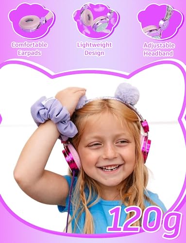 charlxee Kids Pom Headphones with Mic for Travel/Car/Plane,Added 85DB Limit Function&Shareport,Unicorns Gifts for Girls,On/Over Ear HD Stereo Wired Headsets with Nylon Cable-Hot-Purple