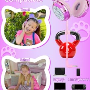 charlxee Kids Pom Headphones with Mic for Travel/Car/Plane,Added 85DB Limit Function&Shareport,Unicorns Gifts for Girls,On/Over Ear HD Stereo Wired Headsets with Nylon Cable-Hot-Purple