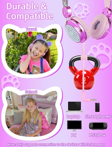 charlxee Kids Pom Headphones with Mic for Travel/Car/Plane,Added 85DB Limit Function&Shareport,Unicorns Gifts for Girls,On/Over Ear HD Stereo Wired Headsets with Nylon Cable-Hot-Purple