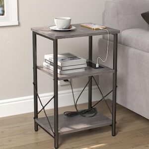 yusong small side table with charging station, slim end table for narrow space in living room,3 tier skinny nightstand bedside table with usb ports & outlets for bedroom, grey