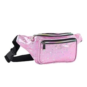 Holographic 80s 90S Rave Pink Stars Fanny Pack for festival women, Girl Cute Fashion Waist Bag Belt Bags-Pink Stars