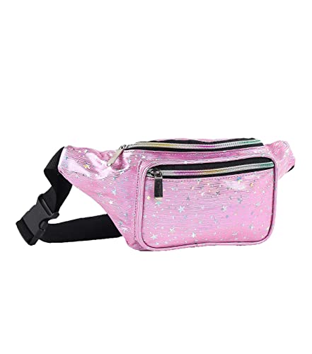 Holographic 80s 90S Rave Pink Stars Fanny Pack for festival women, Girl Cute Fashion Waist Bag Belt Bags-Pink Stars