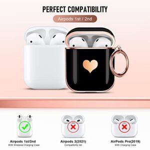 Maxjoy Compatible with Airpods Case,for Airpods 2nd Generation Case Cute Electroplating with Gold Heart Pattern with Lanyard Shockproof Cover for Girls Woman Airpods 2 &1-Black