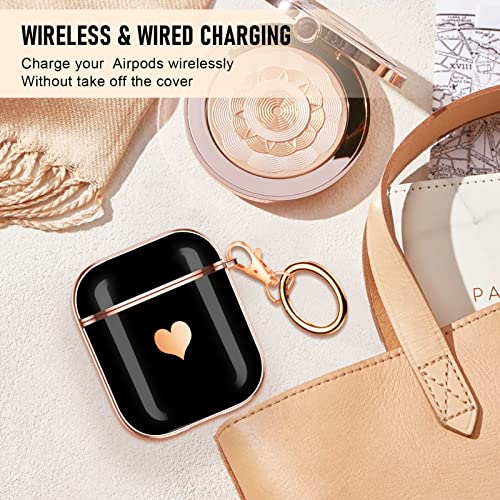 Maxjoy Compatible with Airpods Case,for Airpods 2nd Generation Case Cute Electroplating with Gold Heart Pattern with Lanyard Shockproof Cover for Girls Woman Airpods 2 &1-Black