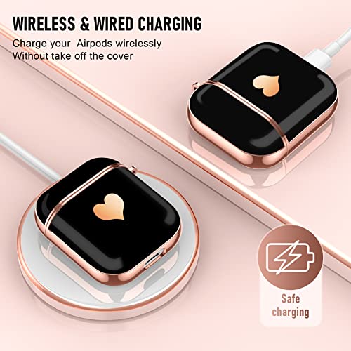 Maxjoy Compatible with Airpods Case,for Airpods 2nd Generation Case Cute Electroplating with Gold Heart Pattern with Lanyard Shockproof Cover for Girls Woman Airpods 2 &1-Black