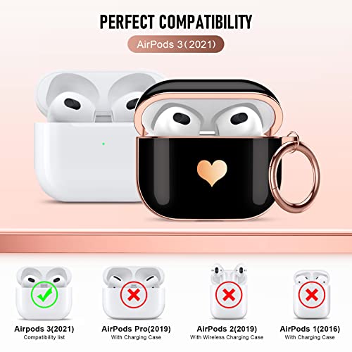 Maxjoy AirPods 3rd Generation Case Cover, Cute Electroplating with Gold Heart Pattern with Lanyard Shockproof Cover for Girls Woman Airpods 3 case-Black