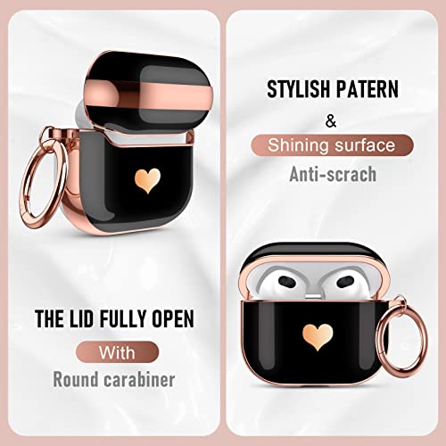 Maxjoy AirPods 3rd Generation Case Cover, Cute Electroplating with Gold Heart Pattern with Lanyard Shockproof Cover for Girls Woman Airpods 3 case-Black