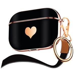 maxjoy airpods pro case cover,cute electroplating with gold heart pattern with lanyard shockproof cover for girls woman airpods pro case-black