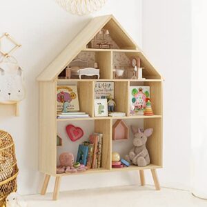 curipeer kids bookshelf and toy storage, wooden stand dollhouse bookshelf, 4-tier baby bookcase display organizer with legs, children bookshelf for nursery, playing room, natural wood color