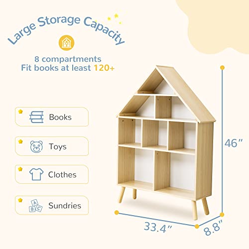 Curipeer Kids Bookshelf and Toy Storage, Wooden Stand Dollhouse Bookshelf, 4-Tier Baby Bookcase Display Organizer with Legs, Children Bookshelf for Nursery, Playing Room, Natural Wood Color