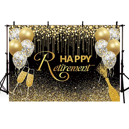 MEHOFOND Happy Retirement Backdrop Black and Gold Glitter Diamond Balloon Photography Background Black Gold Shinning Sparkle Congrats Retirement Party Decorations Banner Photo Studio Props 7x5ft