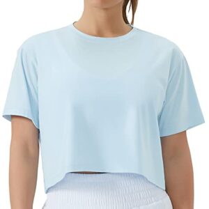 THE GYM PEOPLE Women's Workout Crop Top T-Shirt Short Sleeve Boxy Yoga Running Cropped Basic Tee Light Blue