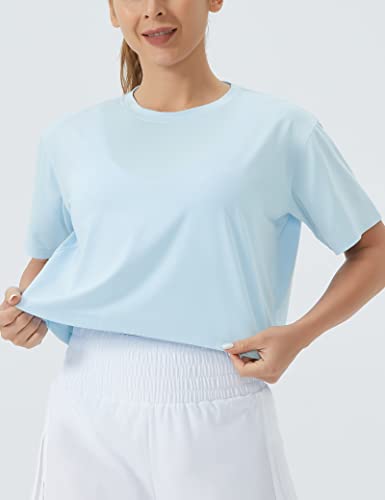 THE GYM PEOPLE Women's Workout Crop Top T-Shirt Short Sleeve Boxy Yoga Running Cropped Basic Tee Light Blue