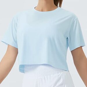 THE GYM PEOPLE Women's Workout Crop Top T-Shirt Short Sleeve Boxy Yoga Running Cropped Basic Tee Light Blue