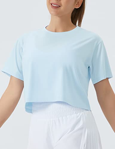 THE GYM PEOPLE Women's Workout Crop Top T-Shirt Short Sleeve Boxy Yoga Running Cropped Basic Tee Light Blue