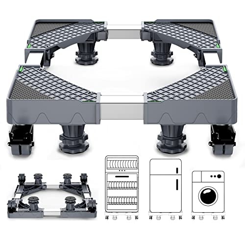 Fridge Stand Mobile Base with 4 Locking Wheels and 4 Strong Feet, 19.7”-27.5” Adjustable Furniture Dolly for Washer Dryer Washing Machine Stand Pedestal, Refrigerator Stand(KBN-10GRAY)