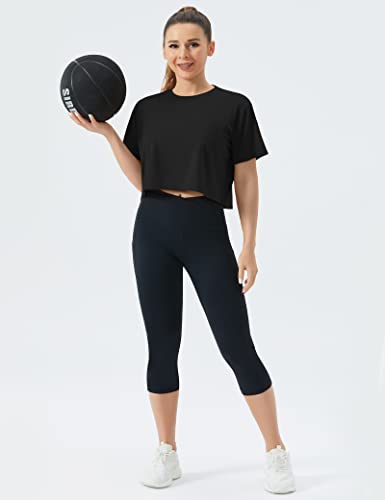 THE GYM PEOPLE Women's Workout Crop Top T-Shirt Short Sleeve Boxy Yoga Running Cropped Basic Tee Black