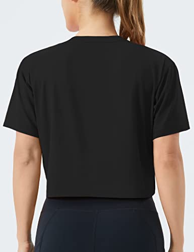 THE GYM PEOPLE Women's Workout Crop Top T-Shirt Short Sleeve Boxy Yoga Running Cropped Basic Tee Black