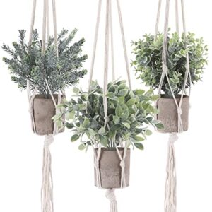 cewor fake hanging plants 3 pack artificial plants with 3 macrame plant hangers mini potted fake plants faux plastic eucalyptus rosemary plants for home office bathroom kitchen farmhouse room decor