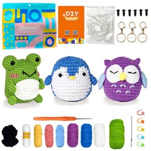 pipapi crochet kit for beginners, 3 pattern animals-owl, penguin, frog, knitting kit for adult kids with step-by-step video tutorials and yarns, hook, accessories