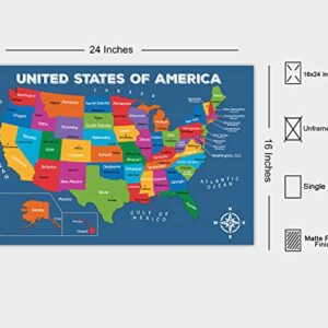 16x24" United States Of America Map Poster Large - UNFRAMED; Capitals Poster; US Wall Map; Colorful Map of USA States For Kid; North America Map Wall Art; Back to School; Classroom Decor