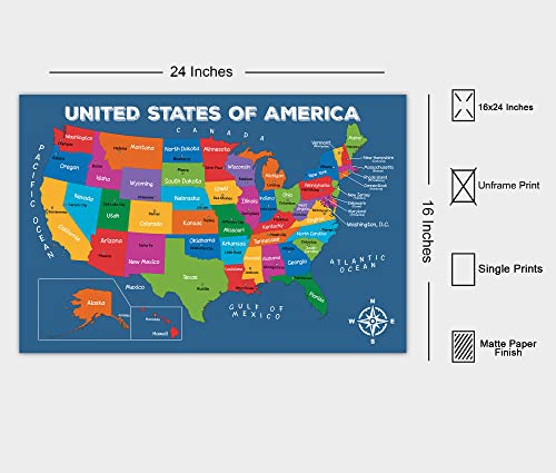 16x24" United States Of America Map Poster Large - UNFRAMED; Capitals Poster; US Wall Map; Colorful Map of USA States For Kid; North America Map Wall Art; Back to School; Classroom Decor