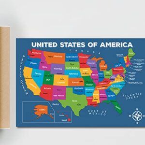 16x24" United States Of America Map Poster Large - UNFRAMED; Capitals Poster; US Wall Map; Colorful Map of USA States For Kid; North America Map Wall Art; Back to School; Classroom Decor