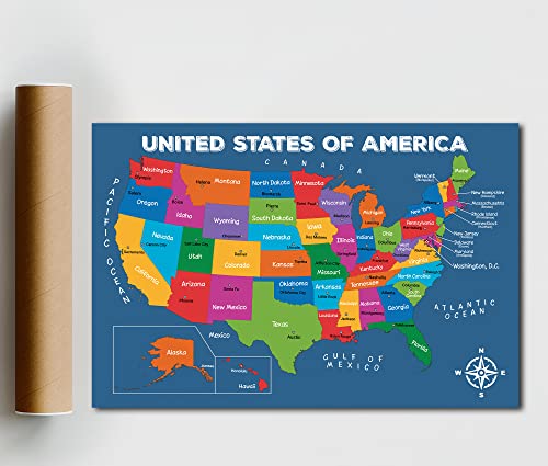 16x24" United States Of America Map Poster Large - UNFRAMED; Capitals Poster; US Wall Map; Colorful Map of USA States For Kid; North America Map Wall Art; Back to School; Classroom Decor