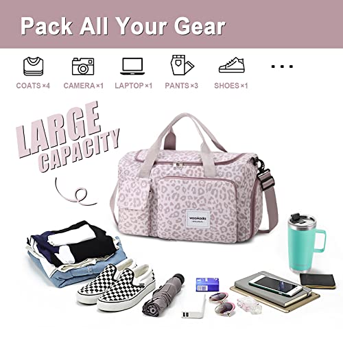 WOOMADA Foldable Travel Duffel Bag with Shoes Compartment, Overnight Bag with Wet Pocket & Trolley Sleeve, Gym Bags for Women Waterproof & Tear Resistant（brown leopard）