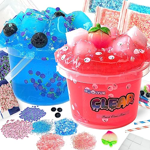 20 FL OZ Premade Slime, 2 Pack Big Slime Bucket with Jelly Cube, Glimmer Crunchy Slime Stretchy and Non-Sticky, Slime Kits Include 10 Sets Add-ins, Party Favors for Kids, Sensory Toy Stress Relief