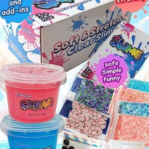 20 FL OZ Premade Slime, 2 Pack Big Slime Bucket with Jelly Cube, Glimmer Crunchy Slime Stretchy and Non-Sticky, Slime Kits Include 10 Sets Add-ins, Party Favors for Kids, Sensory Toy Stress Relief