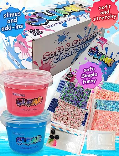 20 FL OZ Premade Slime, 2 Pack Big Slime Bucket with Jelly Cube, Glimmer Crunchy Slime Stretchy and Non-Sticky, Slime Kits Include 10 Sets Add-ins, Party Favors for Kids, Sensory Toy Stress Relief