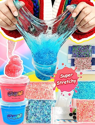 20 FL OZ Premade Slime, 2 Pack Big Slime Bucket with Jelly Cube, Glimmer Crunchy Slime Stretchy and Non-Sticky, Slime Kits Include 10 Sets Add-ins, Party Favors for Kids, Sensory Toy Stress Relief