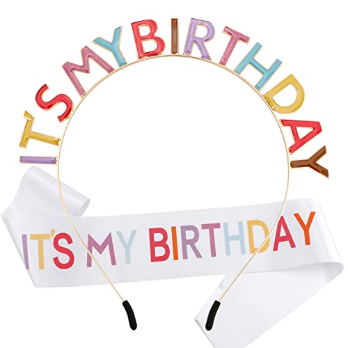 BAHABY Birthday Crowns for Women, IT'S MY BIRTHDAY Sash & Birthday Headband Set Princess Birthday Sash and Tiara Birthday Gifts for Women Girls Sweet Happy Birthday Accessories for Party - Multicolor