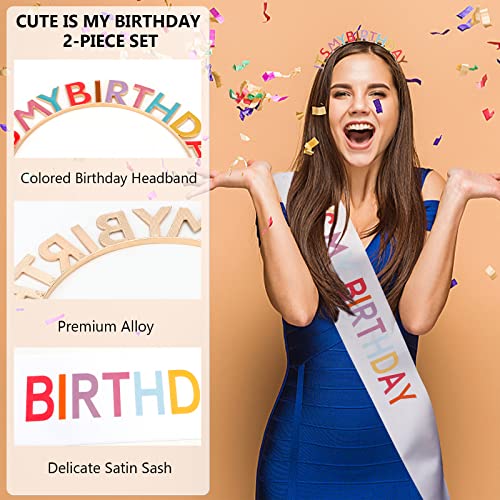 BAHABY Birthday Crowns for Women, IT'S MY BIRTHDAY Sash & Birthday Headband Set Princess Birthday Sash and Tiara Birthday Gifts for Women Girls Sweet Happy Birthday Accessories for Party - Multicolor